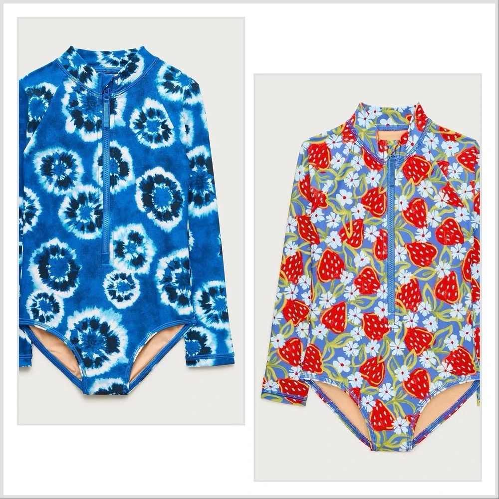 J Crew Crewcuts Girls Zip-Up Rash Guard UPF 50+ Swimsuits Sz 7 LOT OF 2~ NWT
